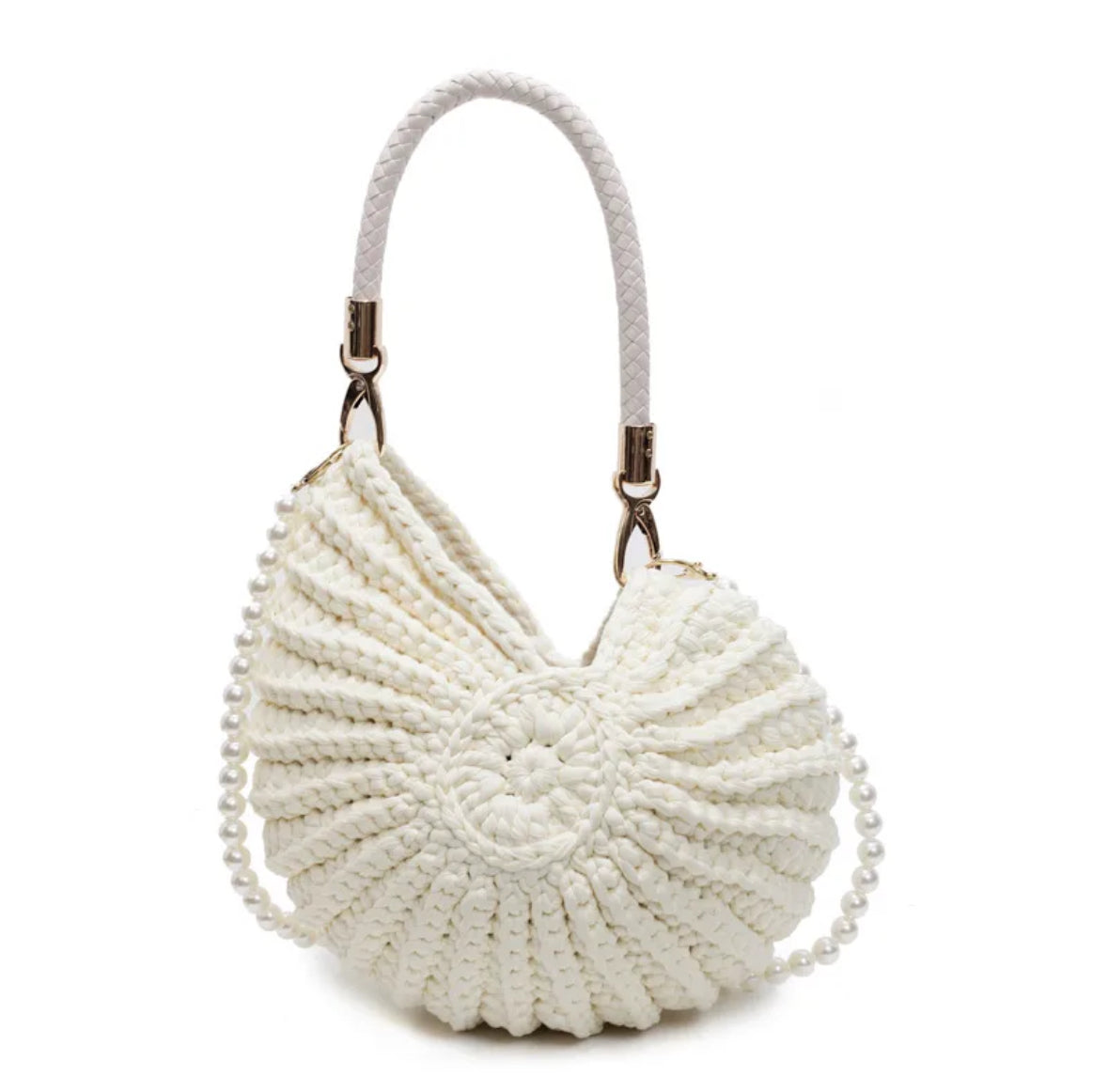 White Crochet Shell Purse – Handmade Seashell Shoulder Bag with Pearl Strap