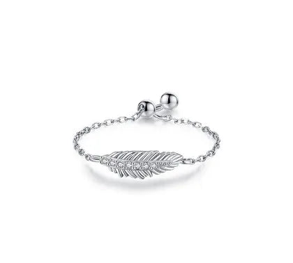 Silver Feather Zircon Ring - Cute Adjustable Chain Ring