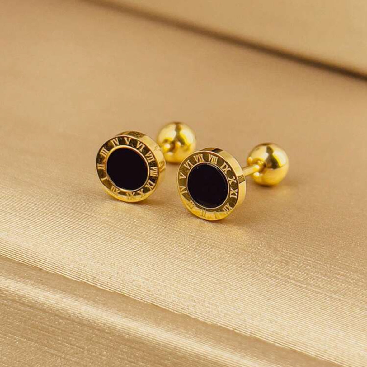 Yellow Gold Stainless Steel Stud Earrings | Roman Numerals, Screw-In Design