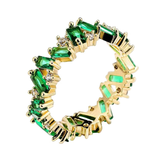 18K Gold-Plated Emerald & Cubic Zirconia Ring – Micro-Inlaid Sparkle Jewelry