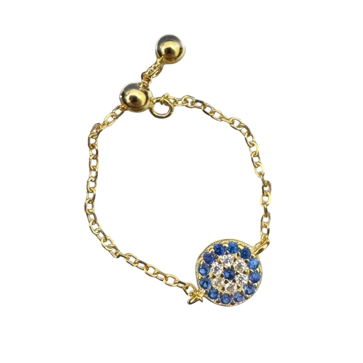 Gold Evil Eye Adjustable Ring – Dainty Protection Ring with Blue & White Crystals