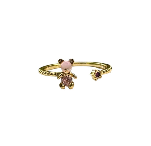 Gold Teddy Bear Adjustable Ring – Cute Ring with Pink Crystal Accents for Women