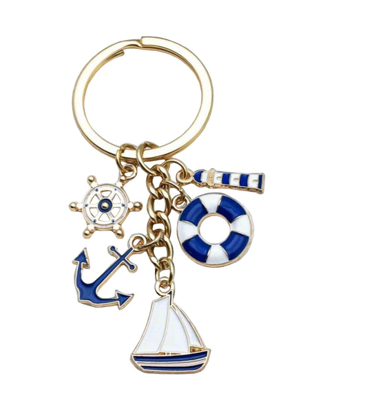 Gold Nautical Keychain with Sailboat, Anchor, Wheel & Lighthouse Charms