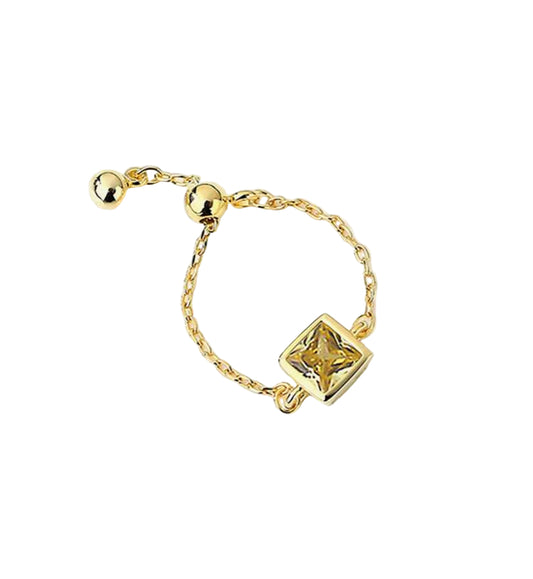 Citrine Birthstone Link Chain Ring | Dangle Beaded Ball, 18K Gold-Plated Adjustable Ring