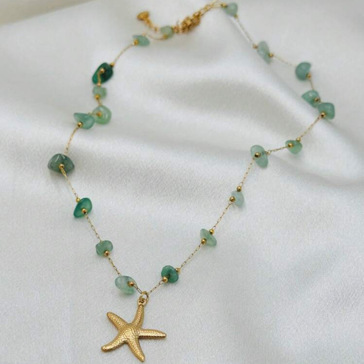 Mint Green Natural Stone Starfish Pendant Necklace | Gold-Tone Beach Jewelry