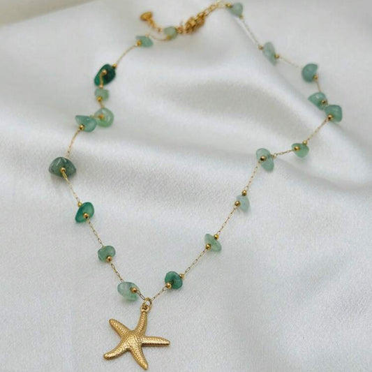 Mint Green Natural Stone Starfish Pendant Necklace | Gold-Tone Beach Jewelry