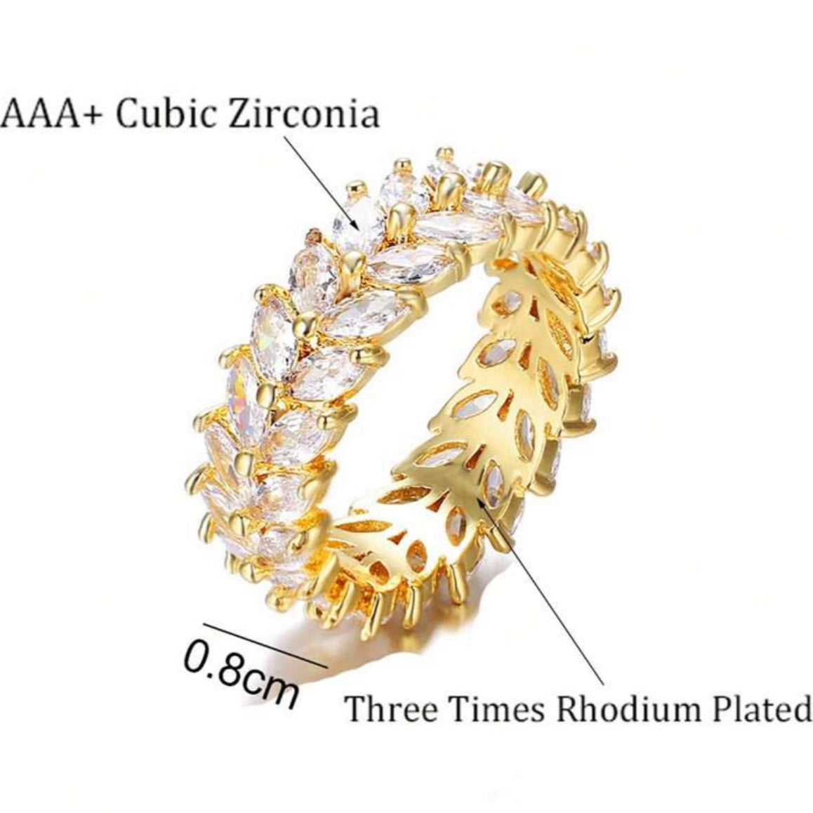 Leaf Cubic Zirconia Ring – Adjustable Yellow Gold-Tone Elegant Jewelry