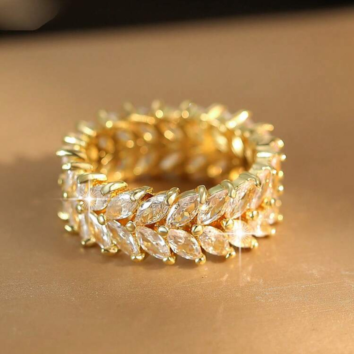 Leaf Cubic Zirconia Ring – Adjustable Yellow Gold-Tone Elegant Jewelry