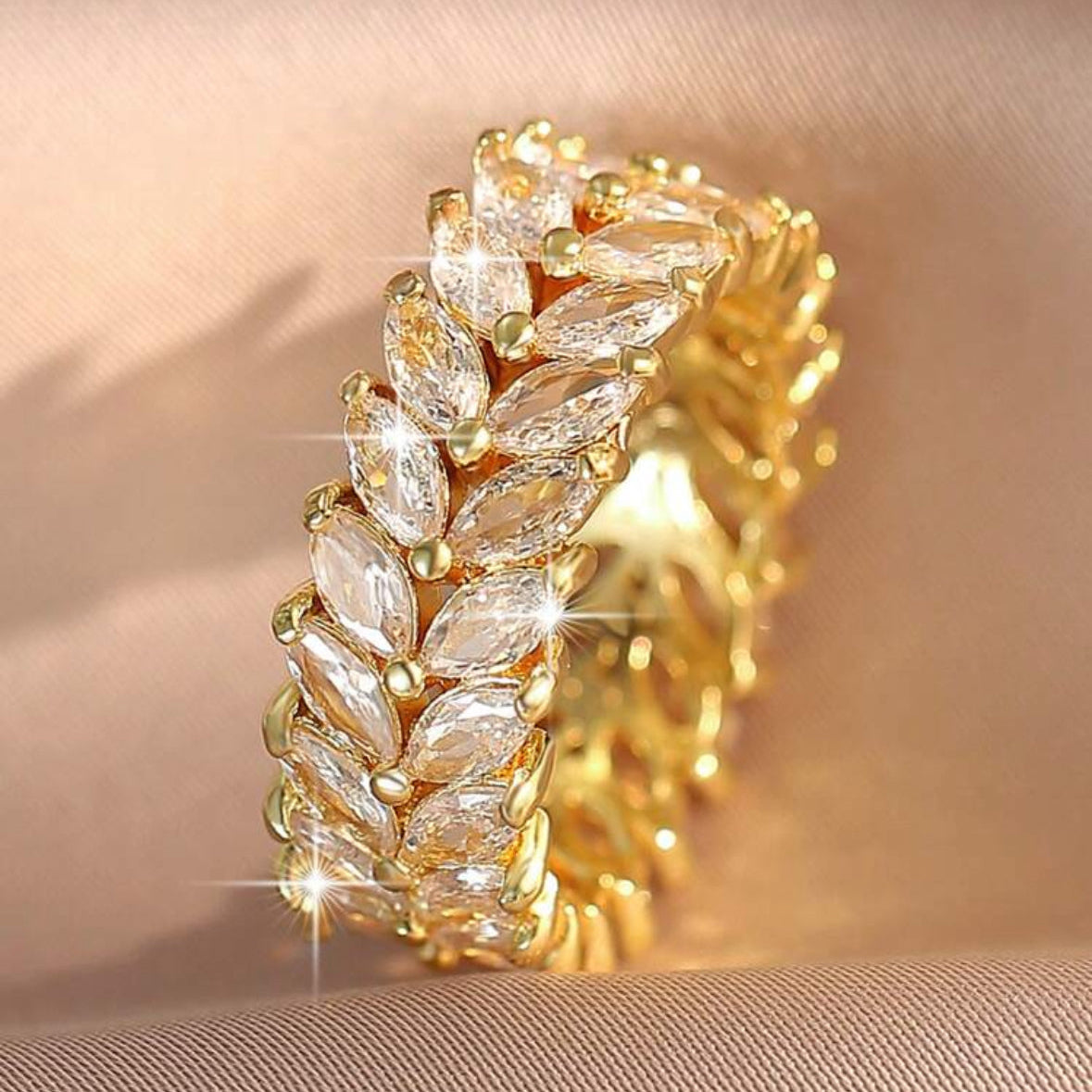 Leaf Cubic Zirconia Ring – Adjustable Yellow Gold-Tone Elegant Jewelry