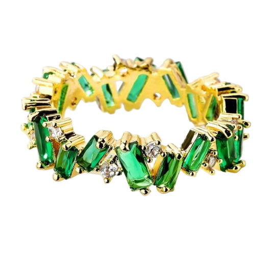 18K Gold-Plated Emerald & Cubic Zirconia Ring – Micro-Inlaid Sparkle Jewelry