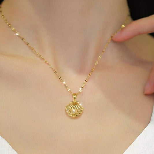 Stainless Steel Shell Pendant Necklace – Faux Pearl & Micro-Inlaid Sparkle
