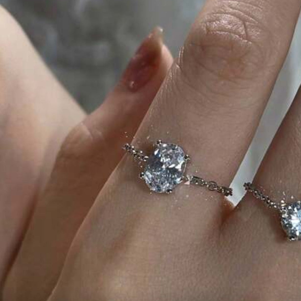 Oval Adjustable Chain Ring – Silver Cubic Zirconia Statement Jewelry