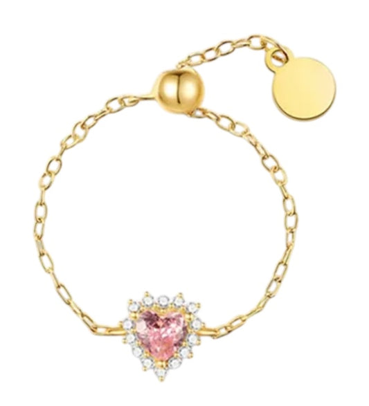 Gold Heart Ring with Pink Crystal – Adjustable Dainty Ring for Women