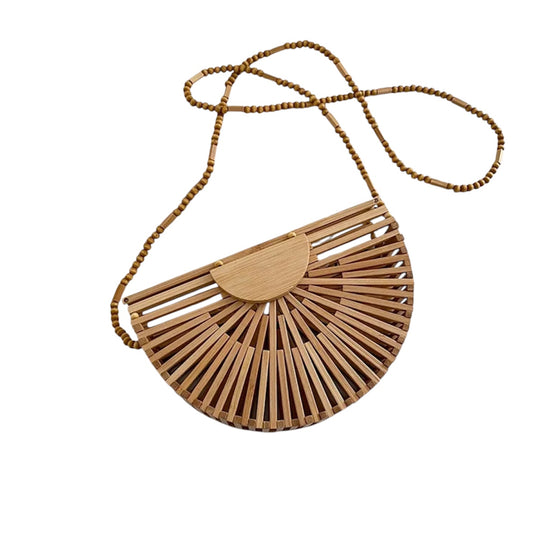 Boho Bamboo Half-Moon Bag – Handmade Wooden Rattan Crossbody Purse