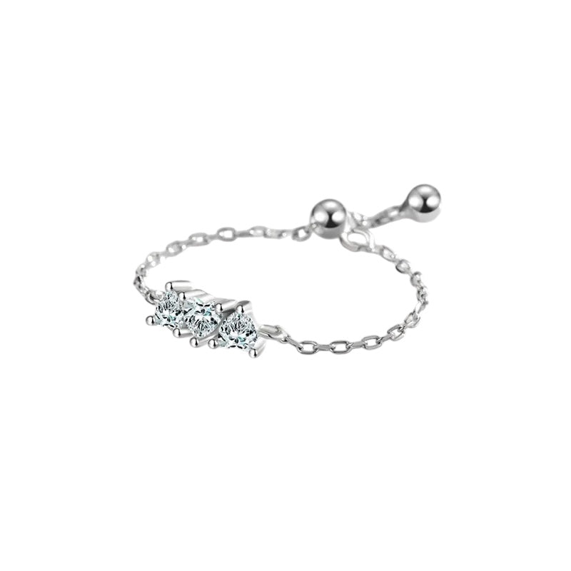 Sterling Silver Chain Ring with Three Dainty Heart Shape Cubic Zirconia Stones