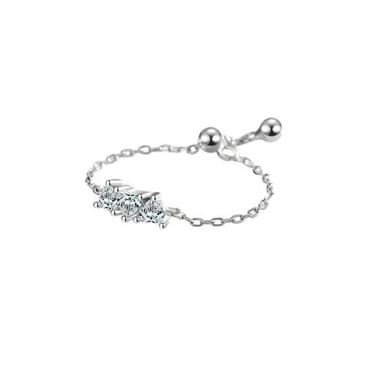 Sterling Silver Chain Ring with Three Dainty Heart Shape Cubic Zirconia Stones